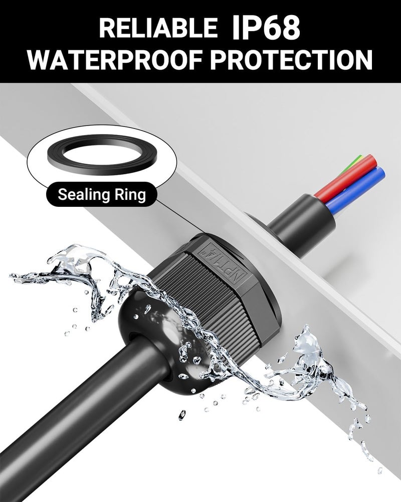 VCELINK 10 Pcs 1/4" NPT Cable Glands Nylon Waterproof, IP68 PA66 Cord Connectors, NPT 1/4" Wire Entry for Electrical Boxes, Strain Relief Wire Grommets, Black - Image 3